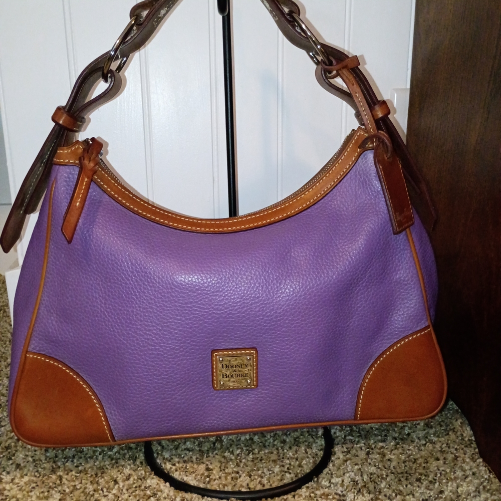 Dooney & Bourke Purple Pebbled Leather Shoulder Bag with Brown Trim